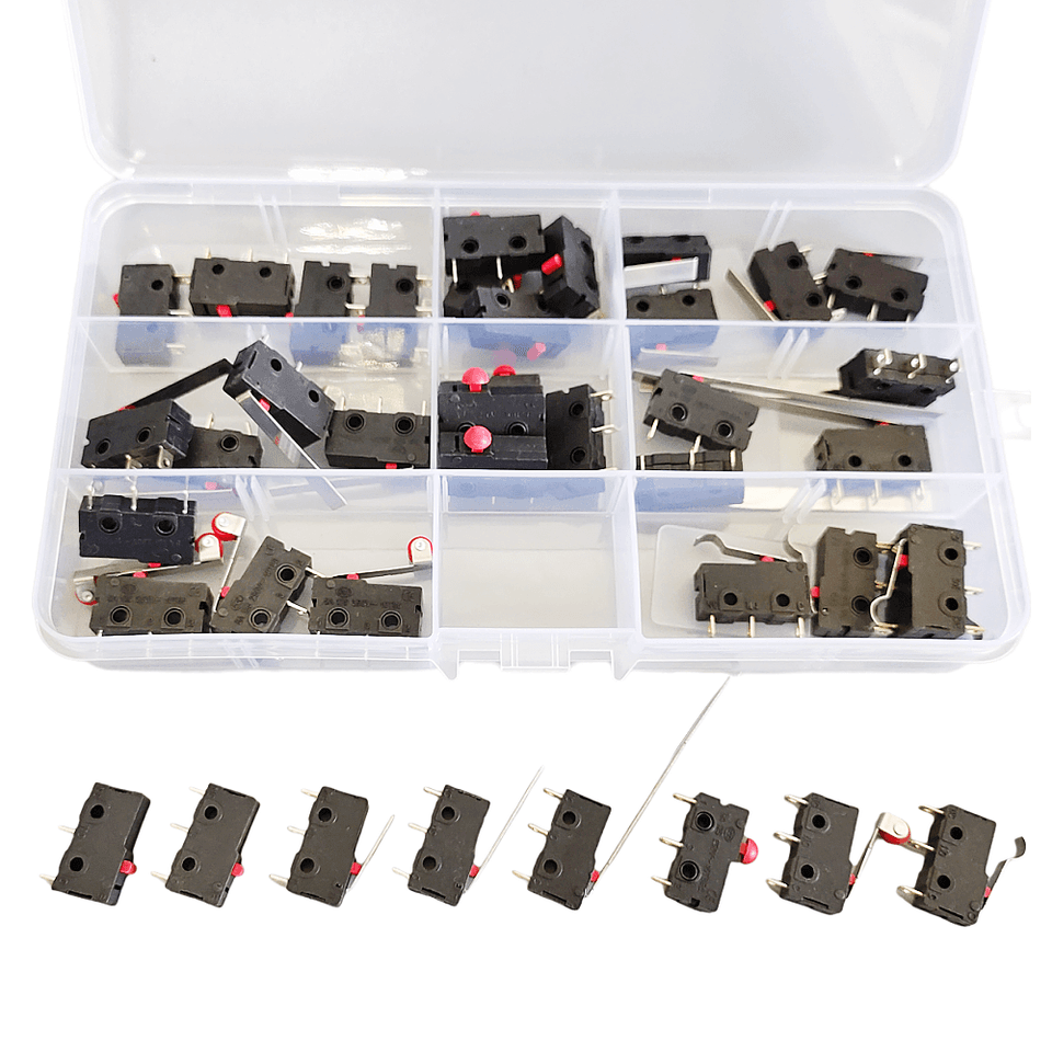 A box containing 40 mini KW12 roller arc lever snap-action micro limit switch units, 2P/3Pin, 5A 250VAC.