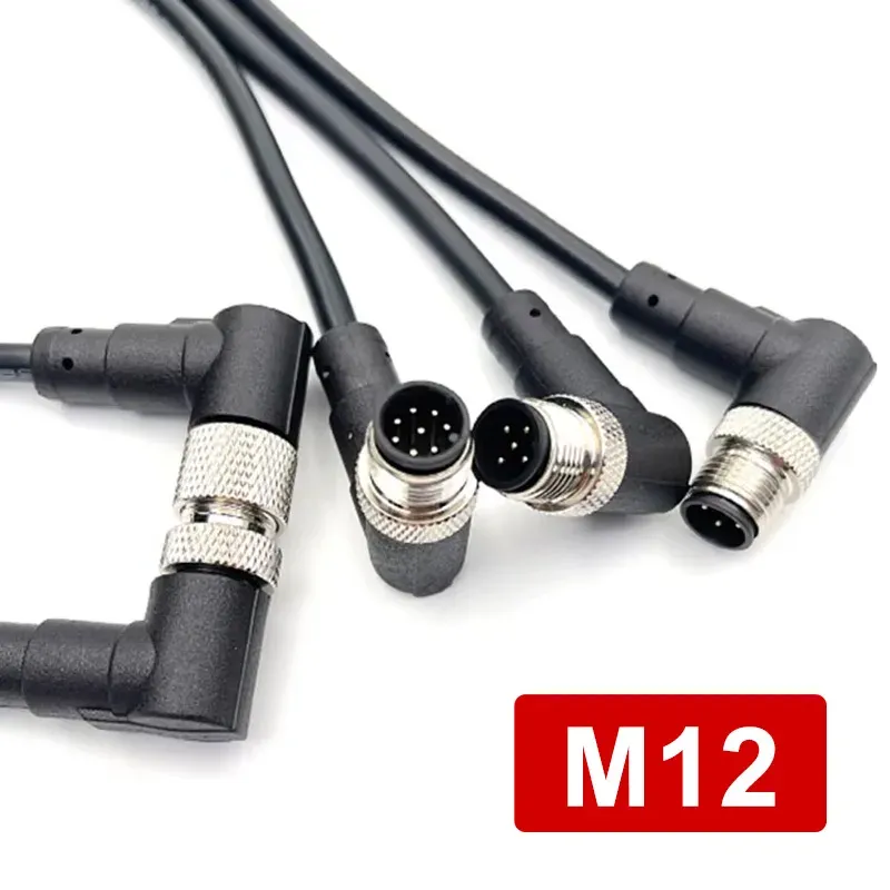 A black M12 connector with a straight 4-pin male plug and a long, durable PVC sensor extension cable.
