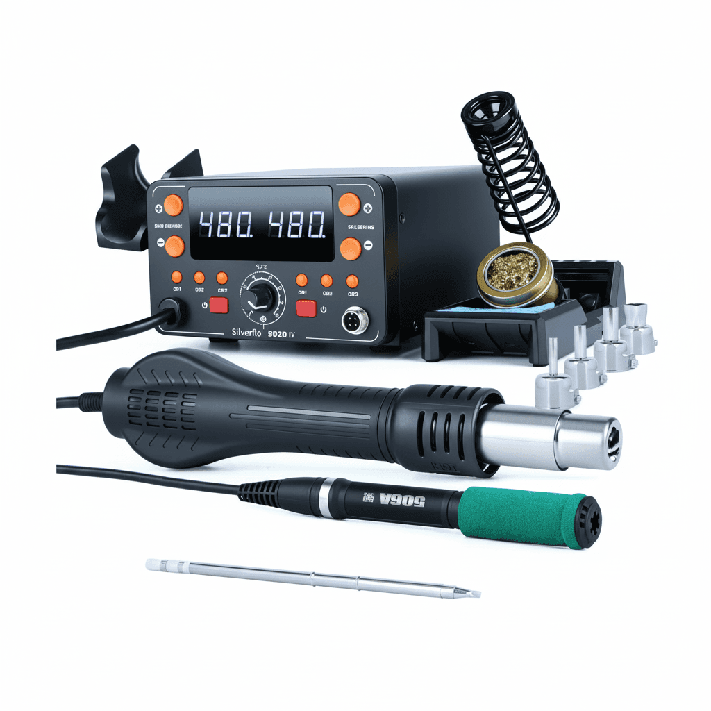 Silverflo T12 Heat Gun Soldering Station and tools on white, with 'Package 1' overlay.
