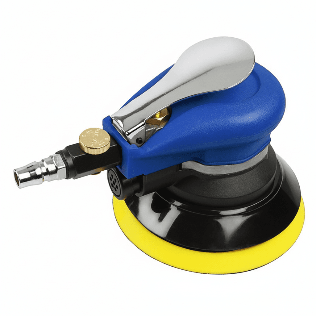 A 5-inch 125mm pneumatic orbital sander, an air grinder for furniture, perfect for use with a drywall sander and includes a 100-piece sandpaper set.