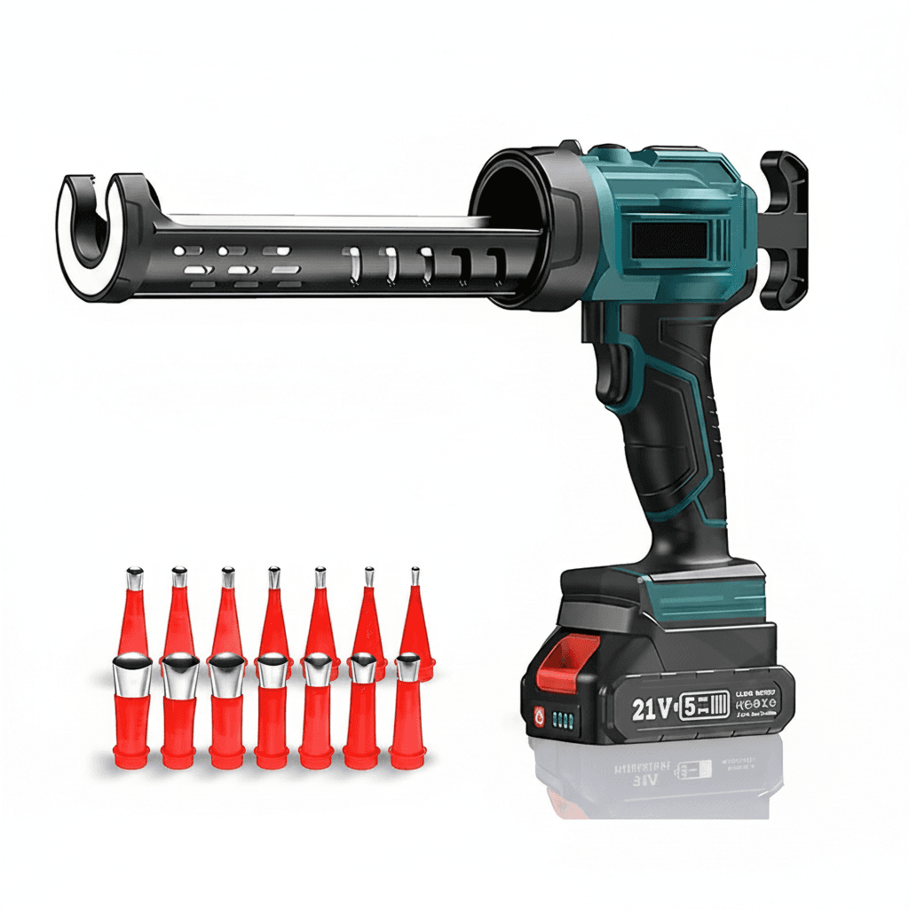 Cordless sealant gun, side view, with battery attached.