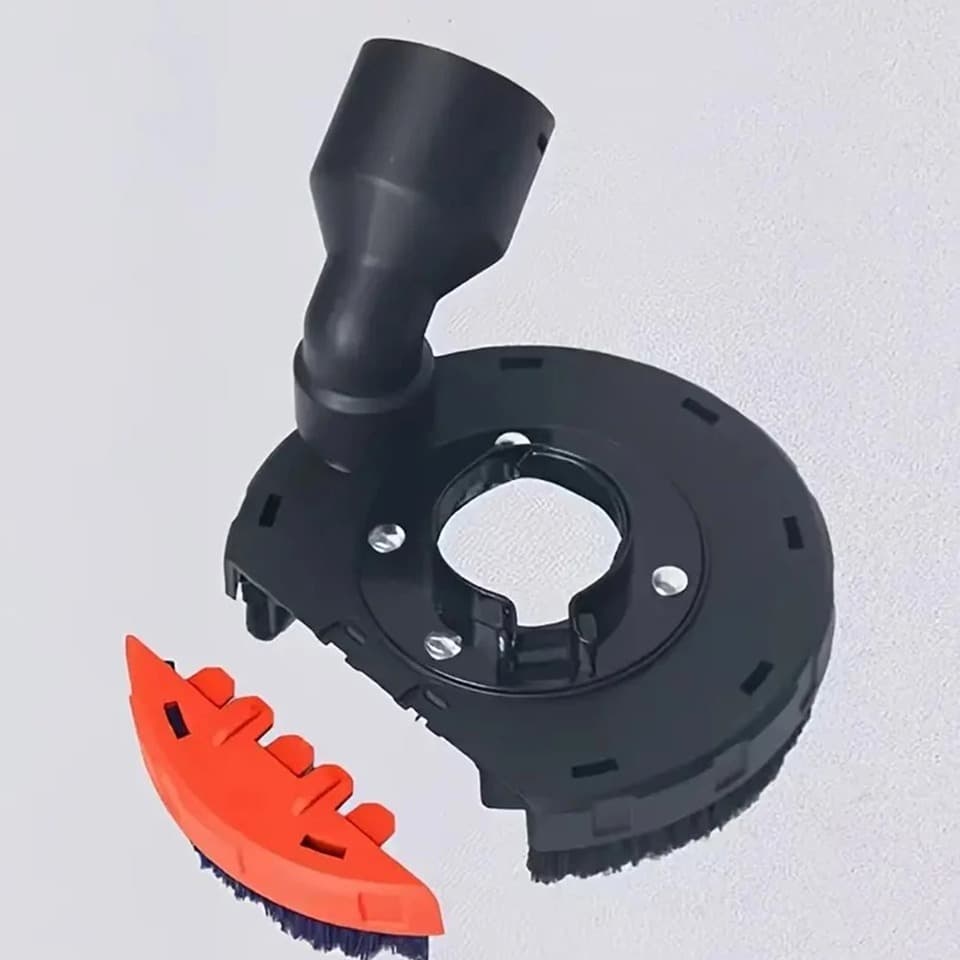 An angle grinder dust cover shroud for surface grinding and cutting, designed for concrete and stone dust collection.
