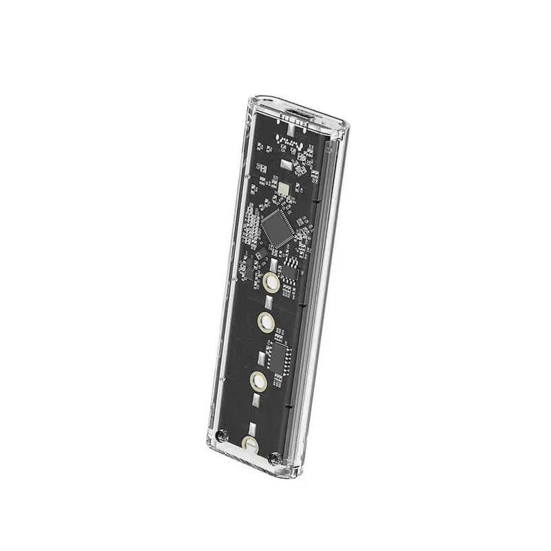A clear external SSD enclosure for M.2 NVMe PCIe and NGFF SATA dual protocol SSDs, with USB Type C.