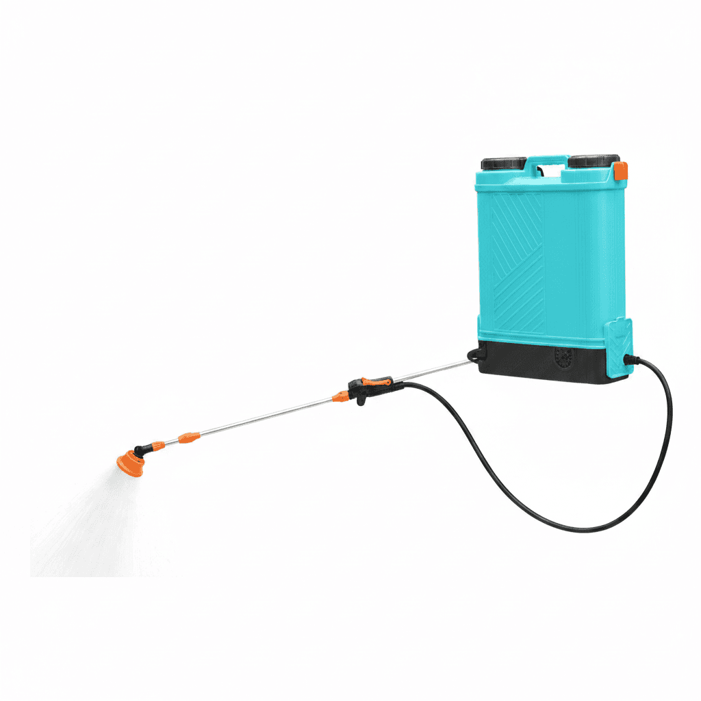 Battery Powered Sprayer Backpack, a blue and black unit with straps.
