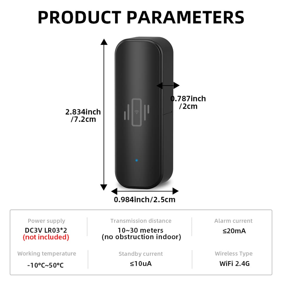 A black square WiFi or Zigbee vibration sensor for home security, with a small indicator light.