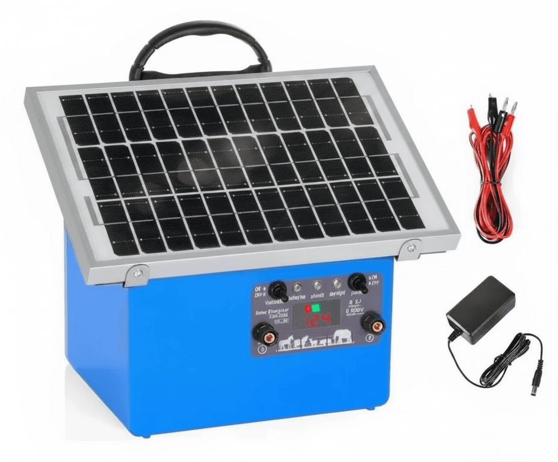 Solar Electric Fence Charger: a compact, standalone unit for livestock control.