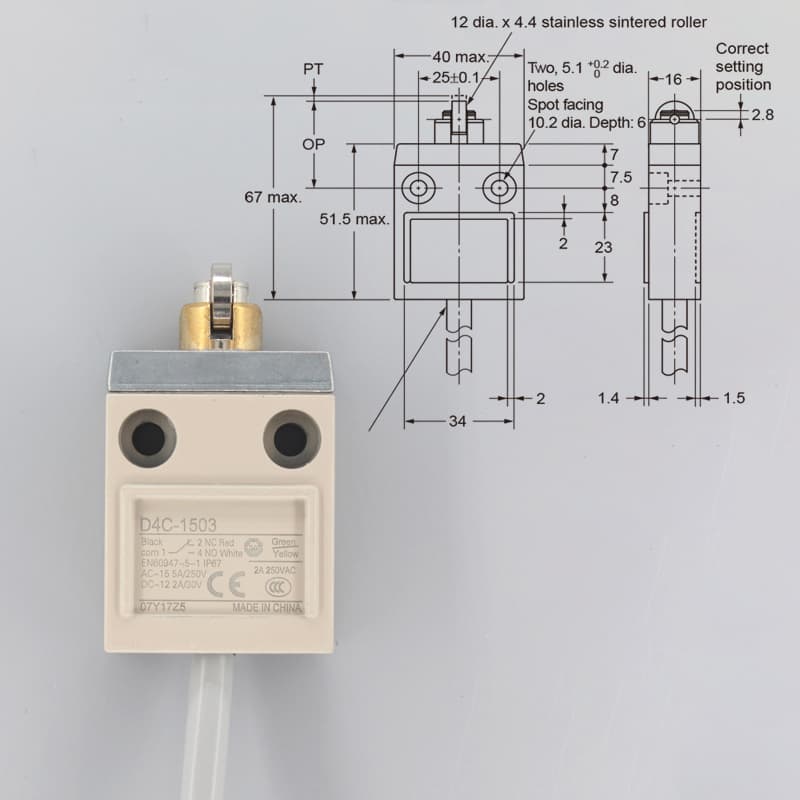 D4C-1521 compact enclosed limit switch with roller lever, oil resistant cable.