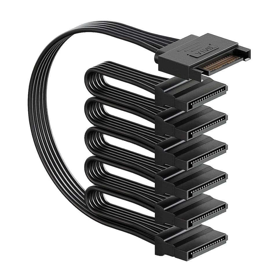 A 6-way SATA power splitter cable, 15-pin, for multiple HDD, SSD, and optical drives.