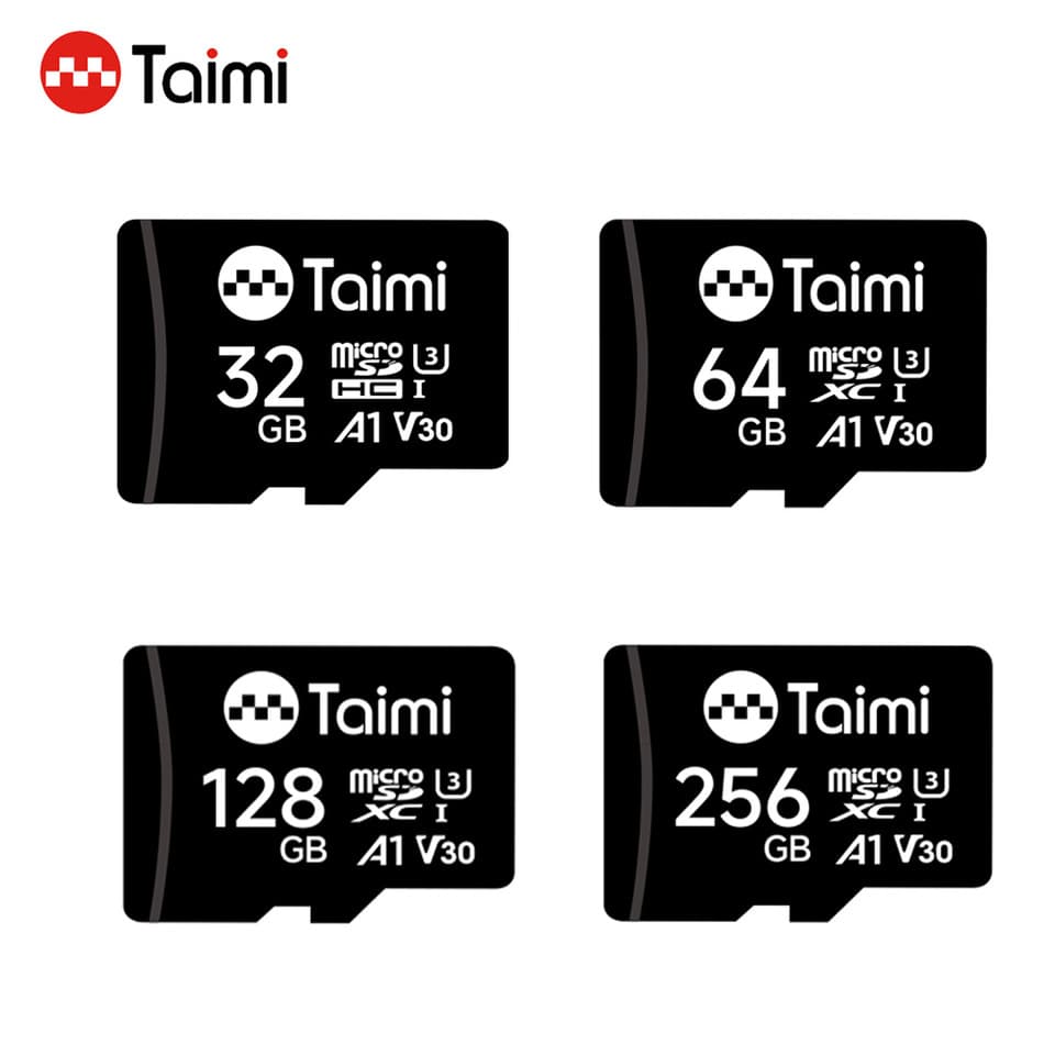 Taimi MicroSD card, Class 10, U3, V30, A1 for 4K video, available in 32GB to 256GB capacities.