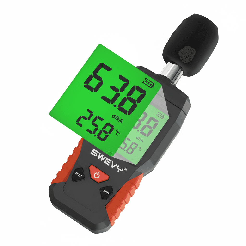 SWEVY Decibel Meter, front view, showing display and buttons.