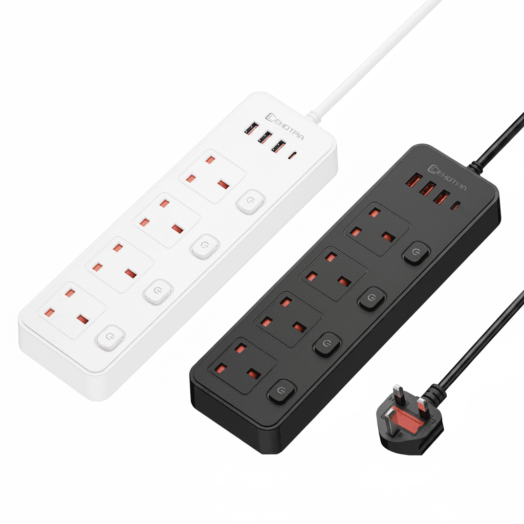 UK Plug Extension Lead, a white power strip with multiple sockets.