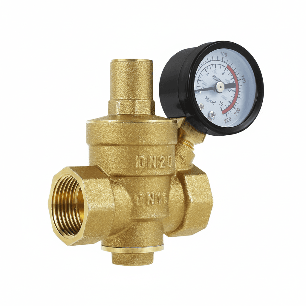 Adjustable Hot Water Pressure Reducing Valve, a brass valve with a black adjustment knob.
