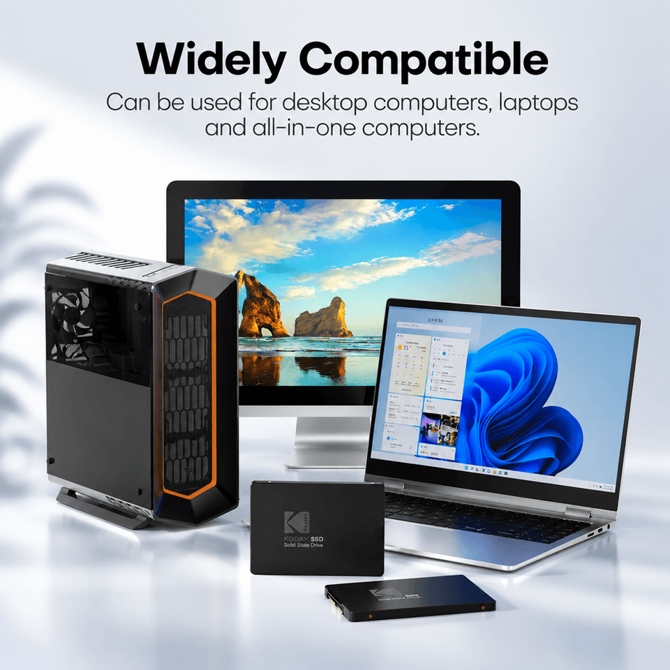 A KODAK 2.5 inch SSD, a reliable internal solid state drive for desktop and laptop performance upgrades.