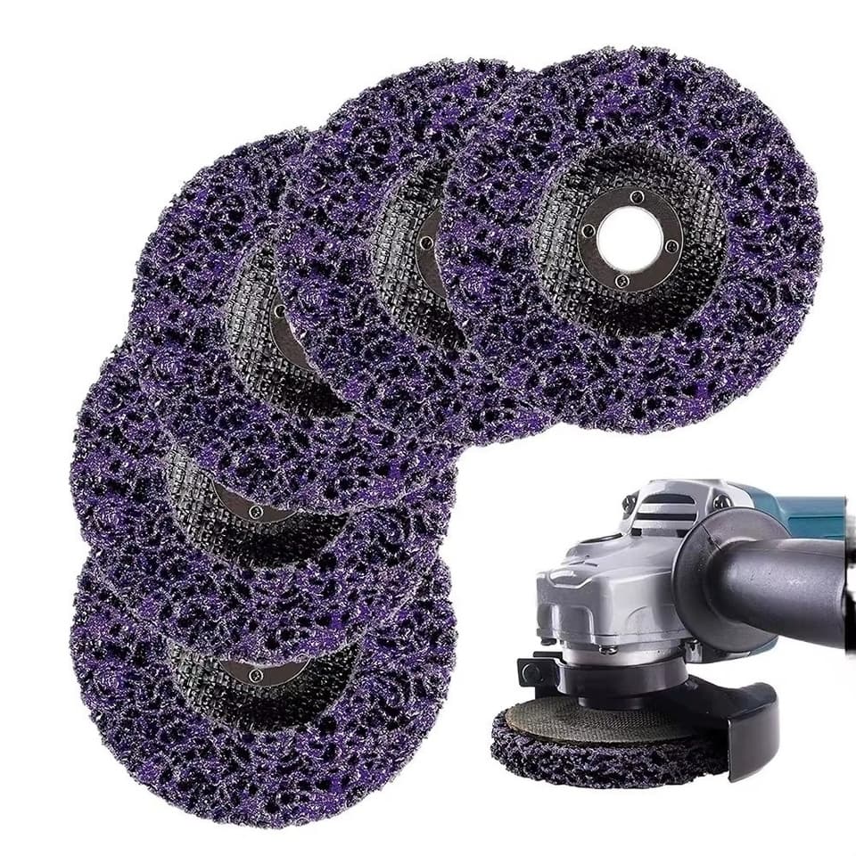 A collection of various sized flap discs for angle grinders, used for paint and rust removal.