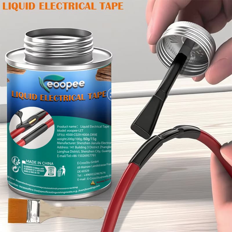 Black liquid electrical tape, a waterproof cable connector, seals wires and cables for home electrical repairs.