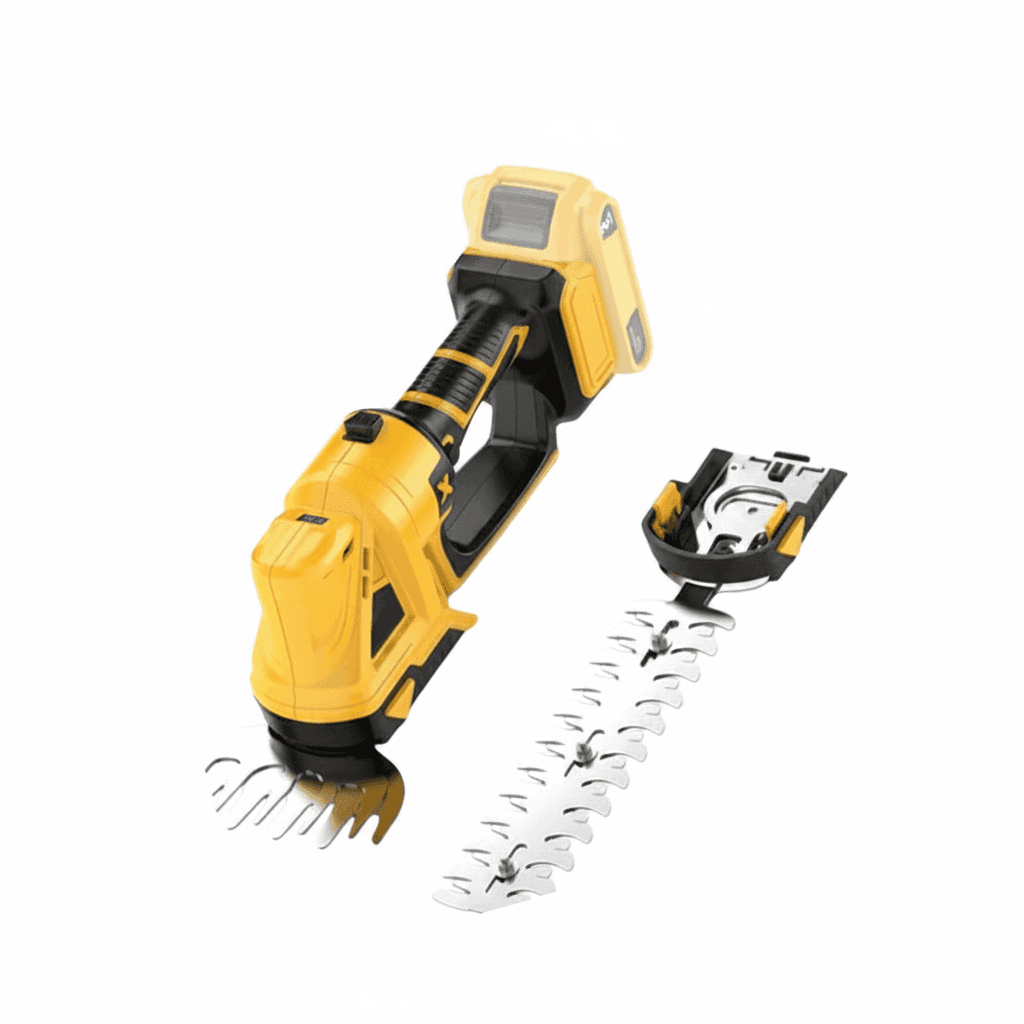 2-in-1 Cordless Hedge Trimmer Kit with brand logo and graphical elements.