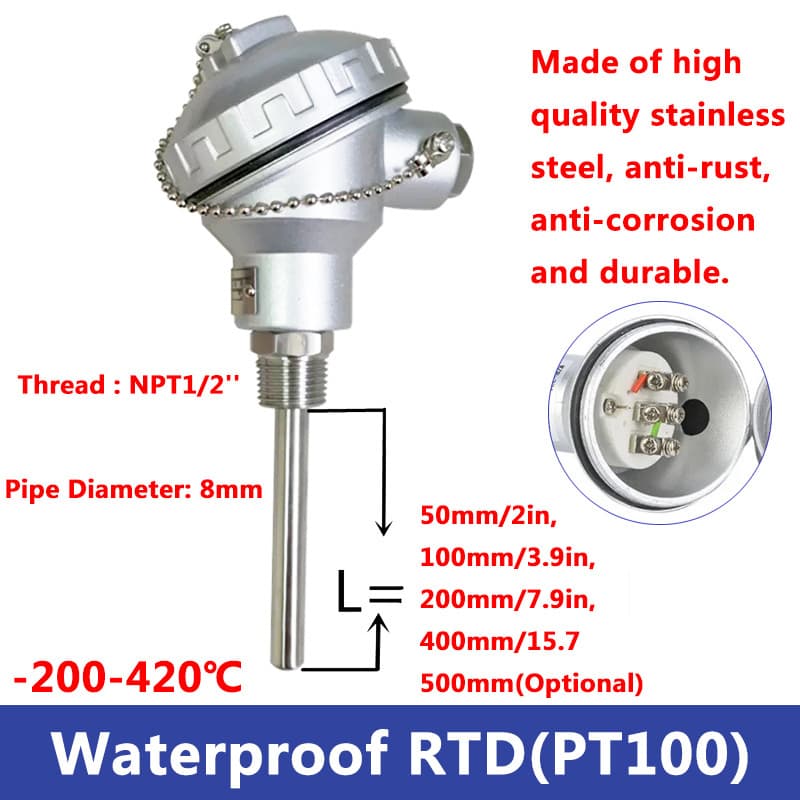 Stainless steel pt100 sensor probe with 1/2 inch thread and terminal head for industrial temperature sensing.