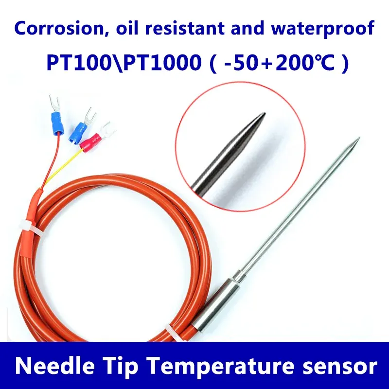 A waterproof needle tip PT100 sensor probe with a silicone cable for temperature measurement in meat, soil, or fruit.