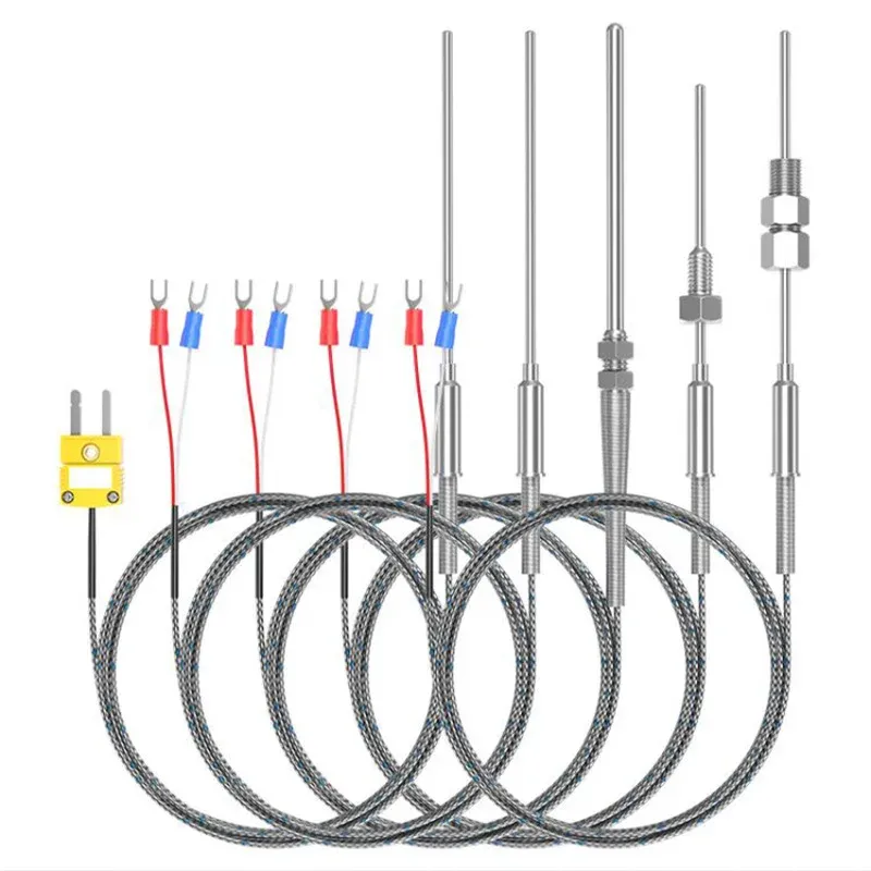 K-type armored thermocouple temperature sensor, flexible stainless steel probe for industrial high temperatures up to 1100°C.