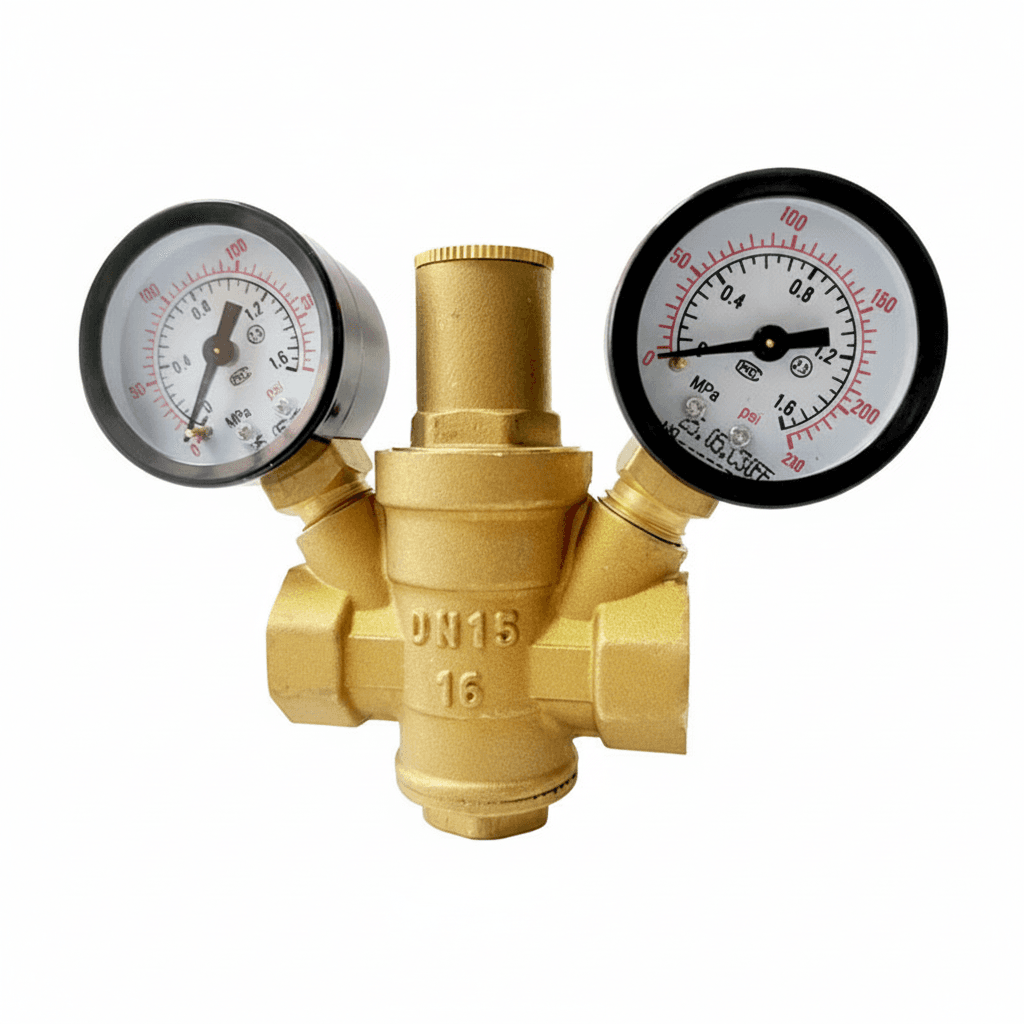 Hot Water Pressure Reducing Valve, a brass unit with two gauges.