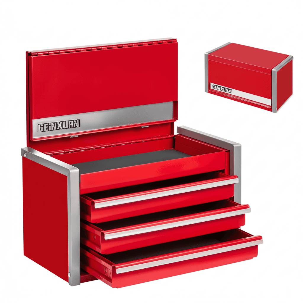Mini Tool Box, a compact red and black storage unit.