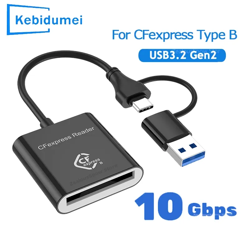 A sleek black 10Gbps CFexpress card reader with USB 3.2 Gen2 adapter, compatible with Type A and C ports.