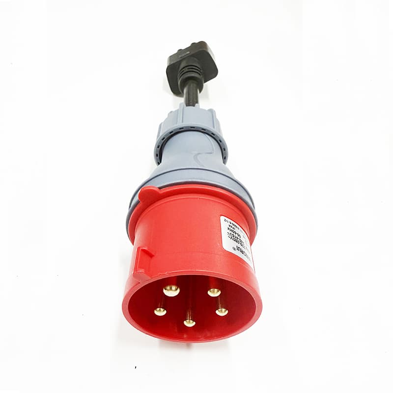 A Tesla 3-pin CEE adapter for EV charging, functioning as a robust 32a extension lead for Tesla models.