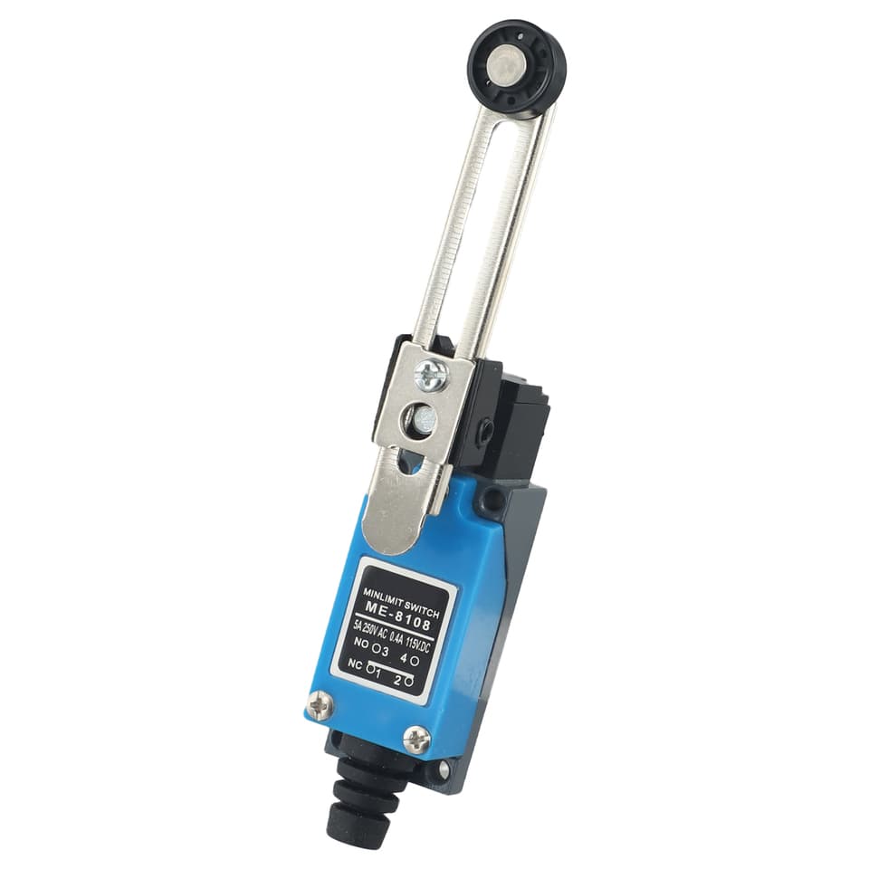 ME-8108 limit switch with rotary adjustable roller lever arm, IP65 waterproof.