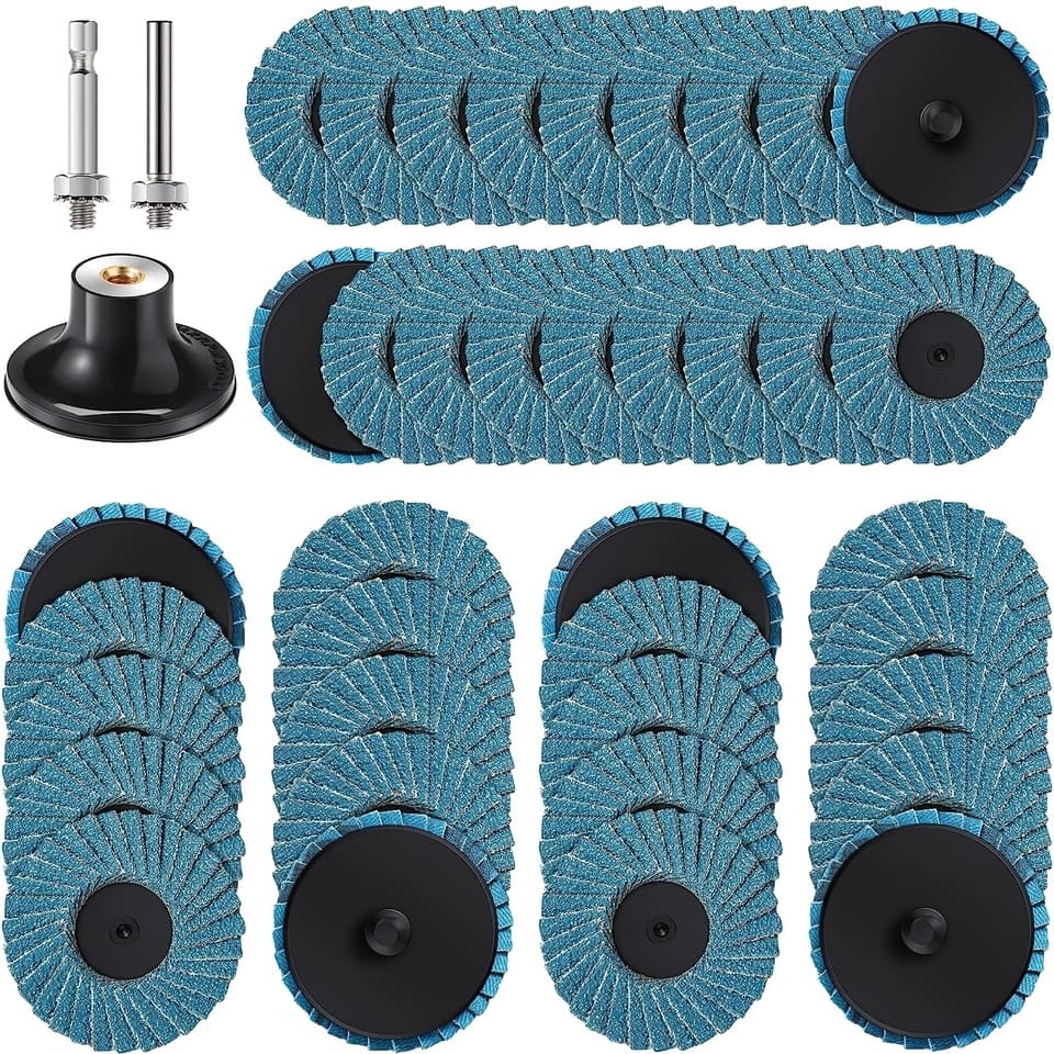 2-inch quick change flap disc, 40/60/80/120 grit, with 1/4" shank pad holder, ideal buffing pads for metal.
