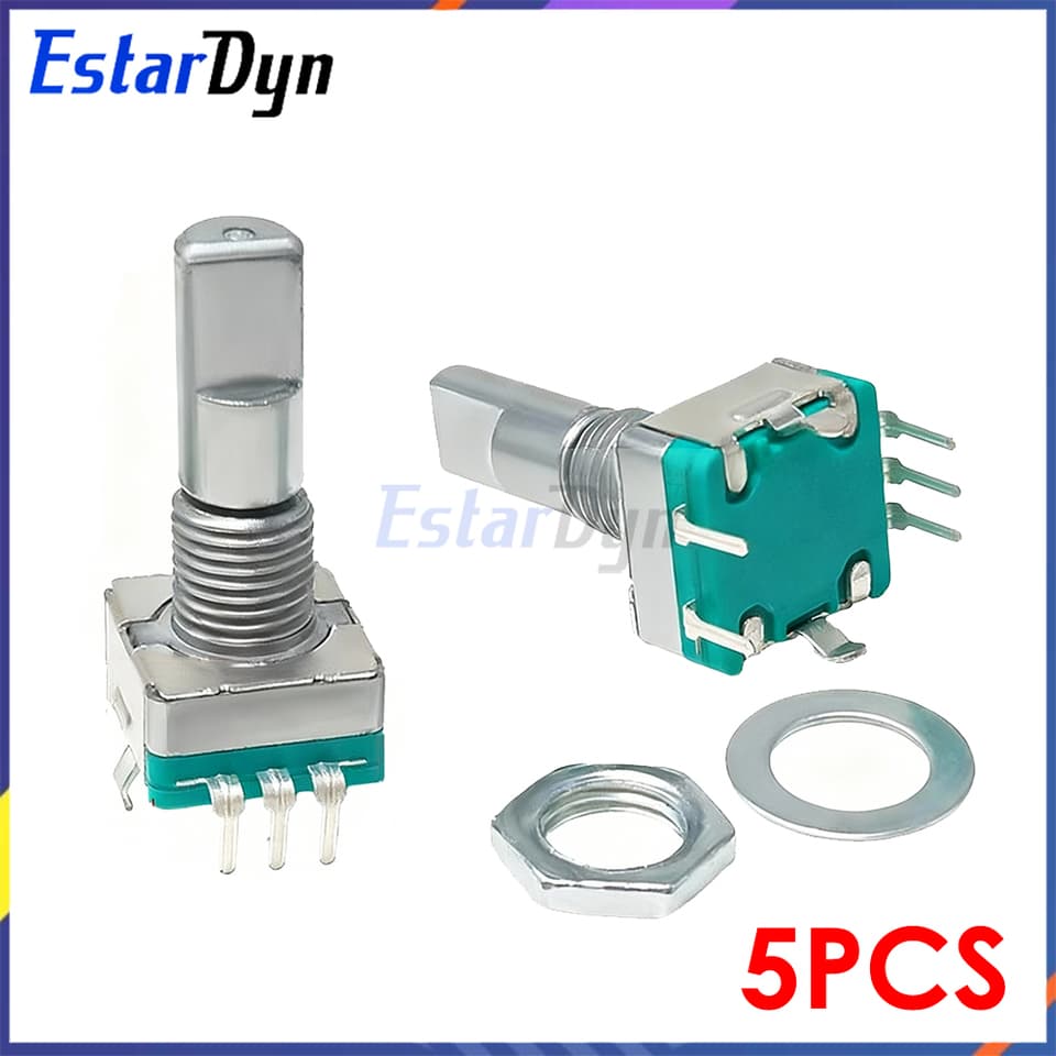 Five EC11 rotary encoder with push switch, 5-pin, 20mm shaft, suitable for digital potentiometer DIY kits.