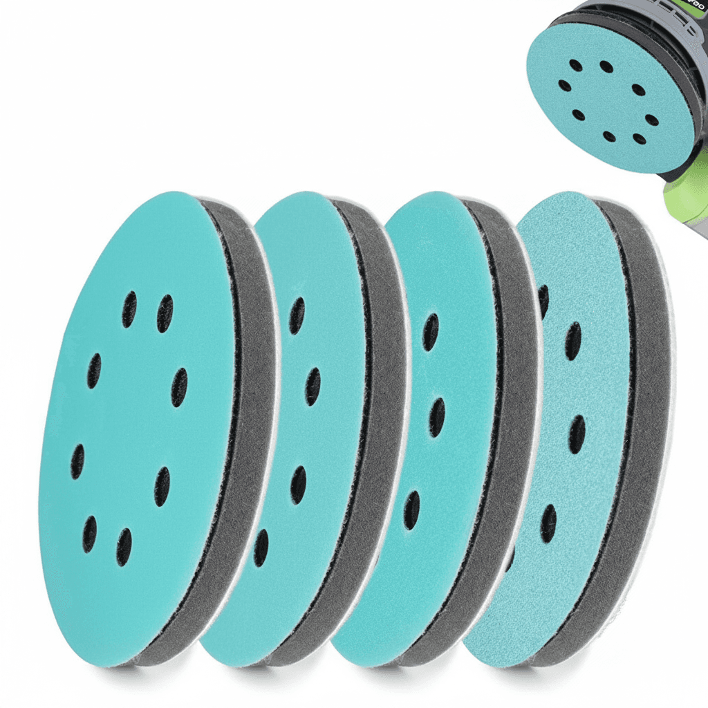 A 5-inch/125mm orbital sander pad kit, including an interface pad, 4 foam buffer pads, and 8-hole hook and loop sandpapers (80/120/240/320 grit).