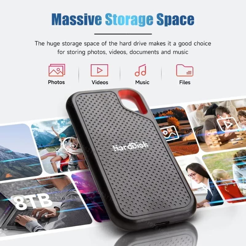A high-speed 1TB portable external ssd, sleek and compact, designed for laptops, Macs, and PCs, offering fast data transfer.