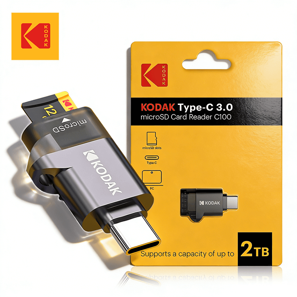 Kodak Type-C Micro SD card reader for high-speed data transfer, shown with a TF memory card adapter.