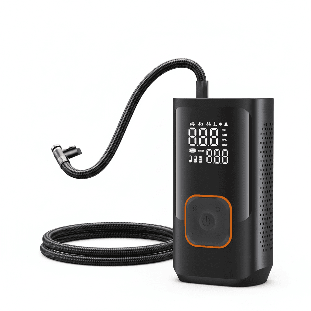 Digital tyre inflator in a lifestyle scene with promotional text and graphics.