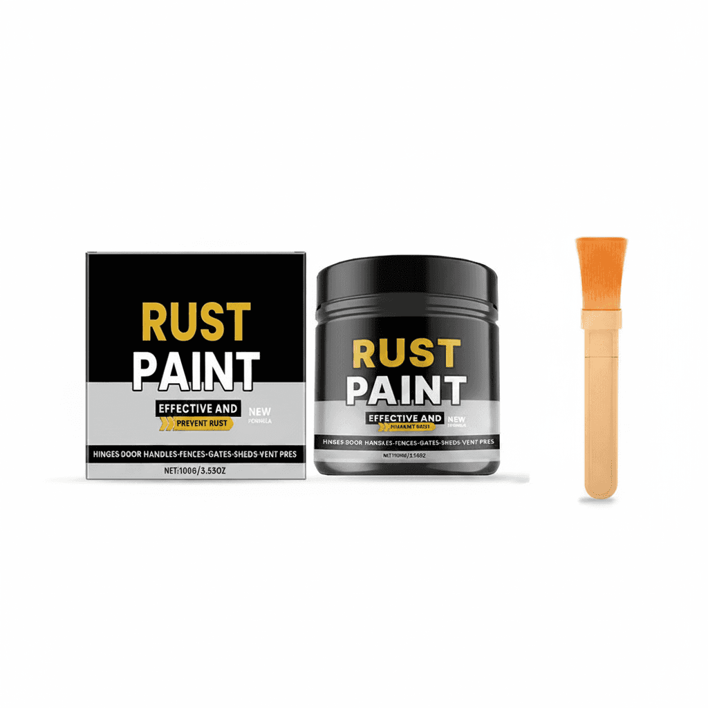 Rust Converter: two product variants (box, jar of rust paint) with a brush, dimensions shown.