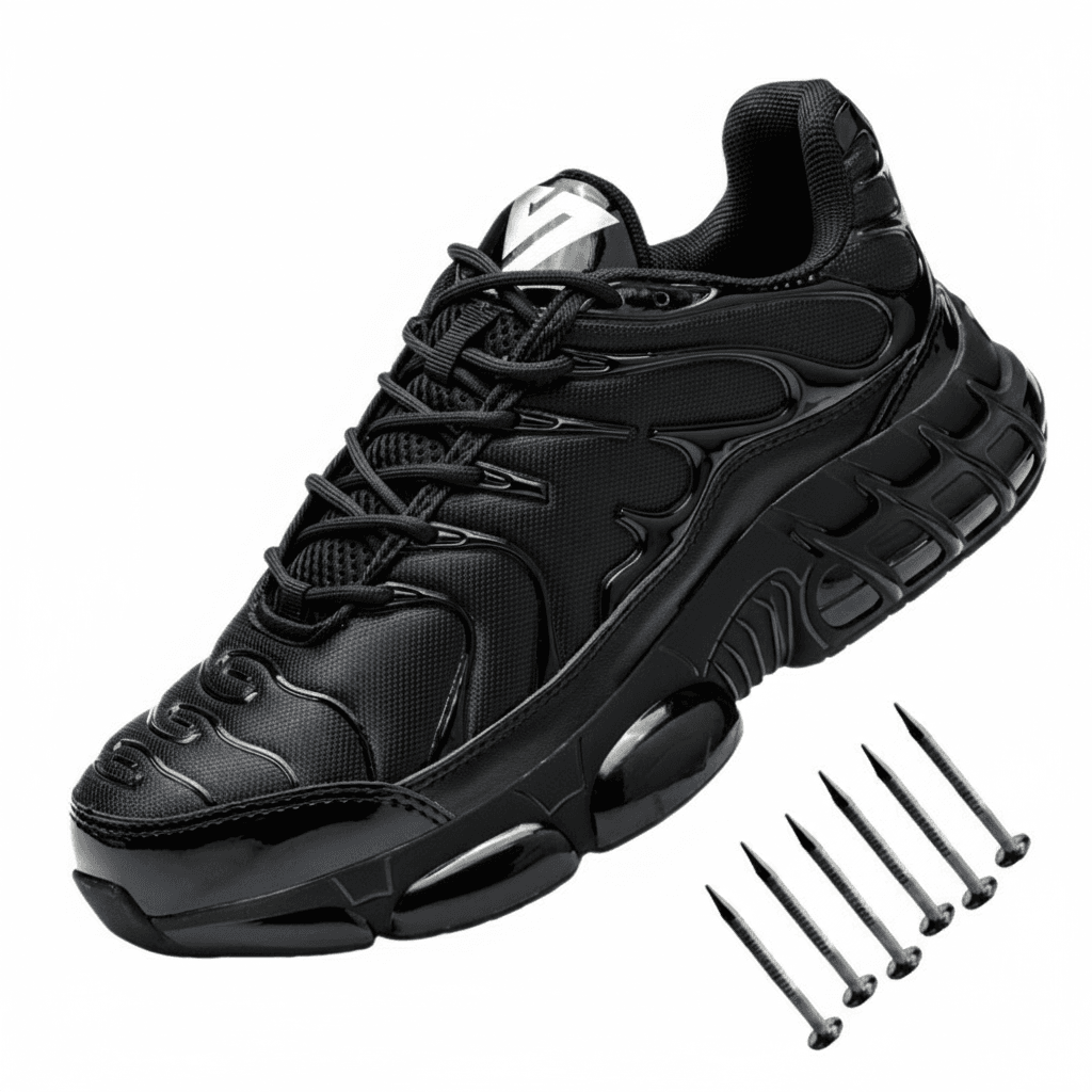 Steel toe safety shoes, black with yellow accents.
