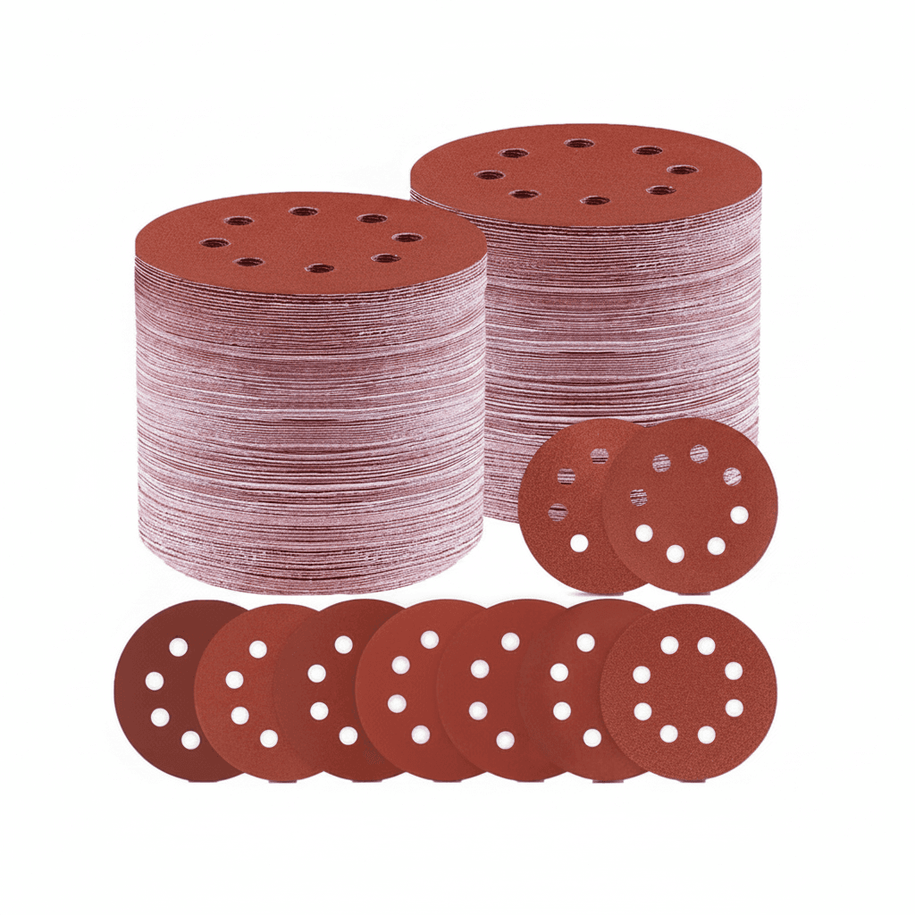 A large quantity of 5-inch 8-hole sanding discs, ranging from 40 to 2000 grit, stacked neatly.