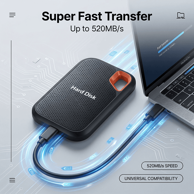 High-capacity portable SSD, a sleek external hard drive with USB 3.1 for fast data transfer.