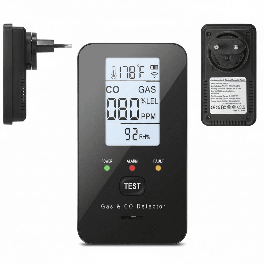 Carbon monoxide detector, a white, circular device with a digital display.