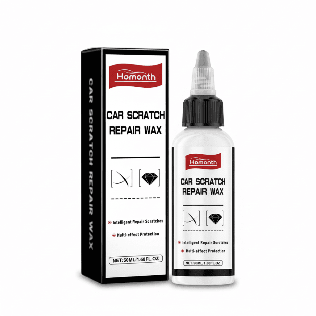 Car paint restorer kit featuring a bottle of polishing compound, sponge, and microfiber cloth for scratch repair.