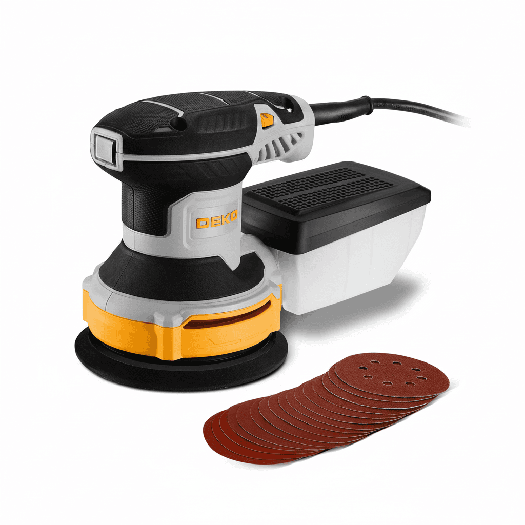 DEKO 300W orbital sander with 14000RPM, including 16 pieces of sandpaper and a dust collector.