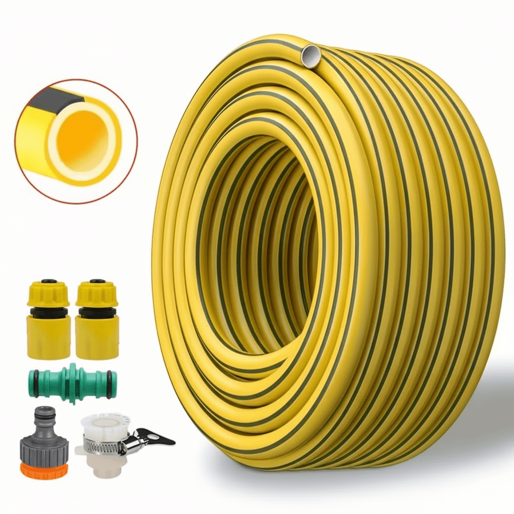 Heavy-Duty Rubber Garden Hose, coiled.