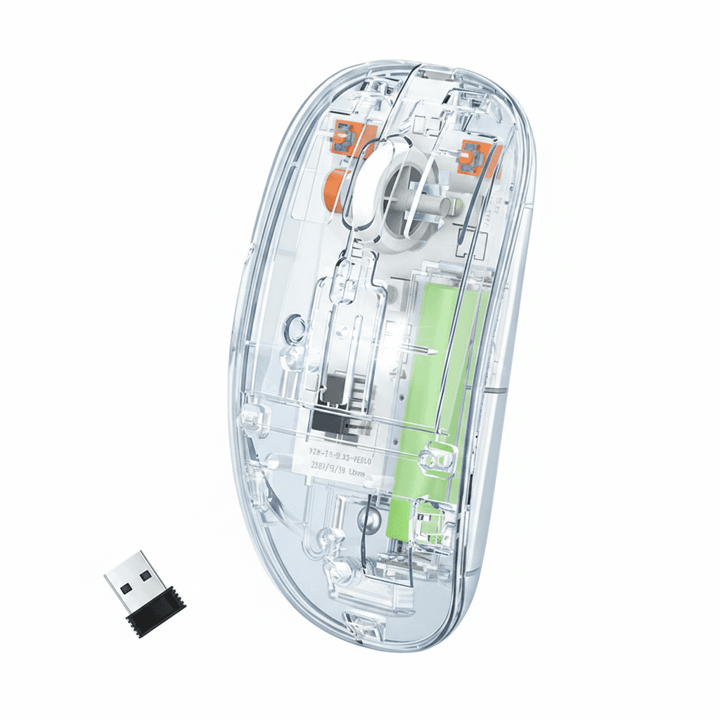 Wireless mouse, a sleek black device on a white background.