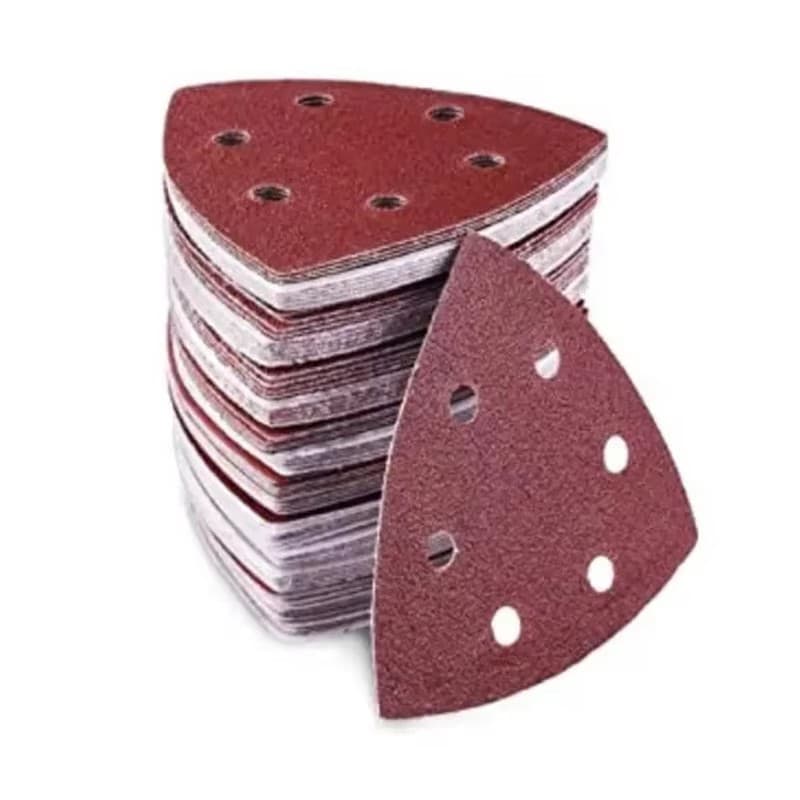 A 30-piece set of triangle sanding pads for a detail sander, with 6 holes and various grits (60-320).