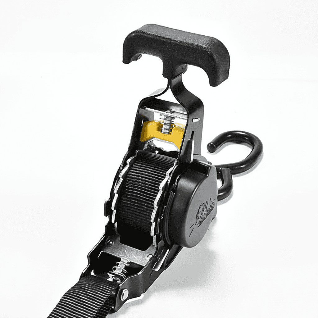 Ratchet tie-down straps, a pair of yellow straps with black ratchets.