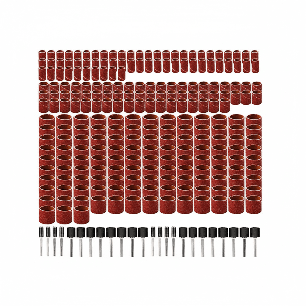 A comprehensive 384-piece drum sander set with sanding bands in grits 80-600 and mandrels for rotary tools.