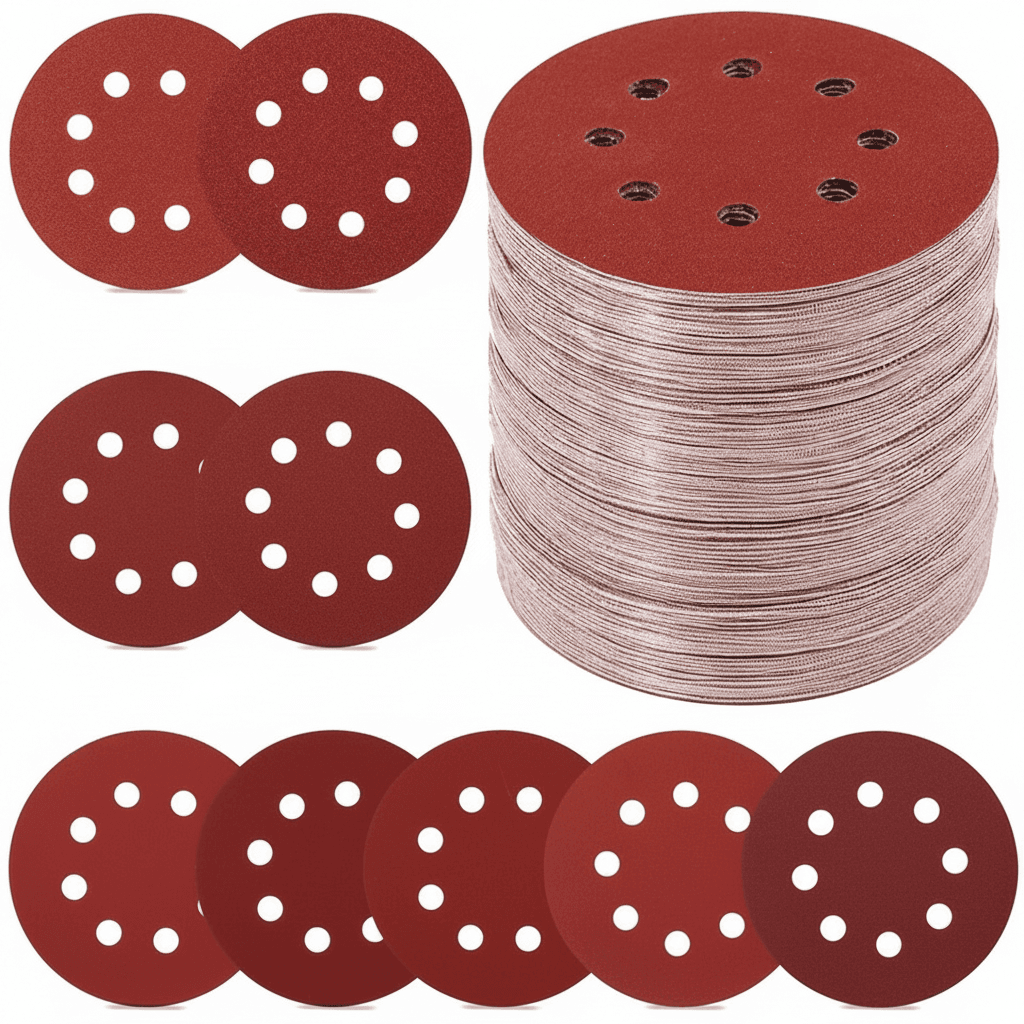 Assorted 5-inch hook and loop sanding discs, ideal for an orbital sheet sander, displayed in various grits.