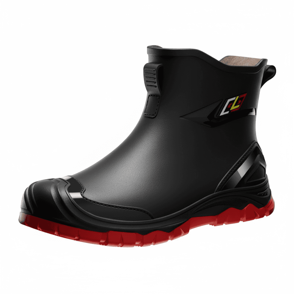 Wellington safety boots, a single black boot standing upright.