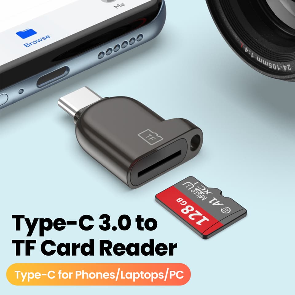 A sleek silver and black Type-C 3.0 to TF SD Micro memory card reader, designed for high-speed data transfer between devices.
