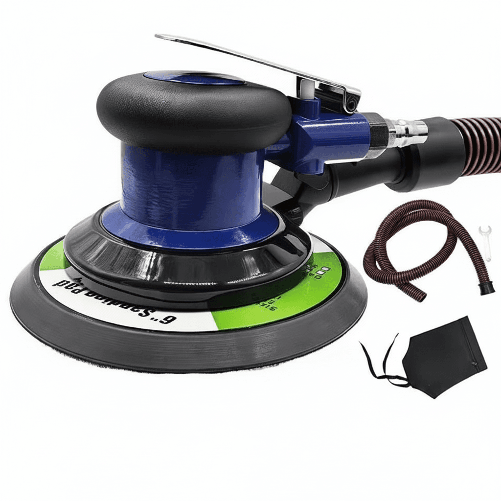 A professional 6-inch dual-action orbital pneumatic drywall sander for auto body refinishing and wood furniture.